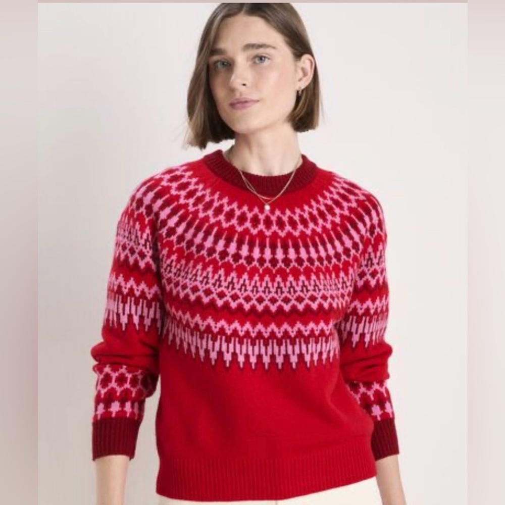 Size LARGE Vineyard Vines Red & Pink Fair Isle Wool Sweater, Nordic Crewneck NWT